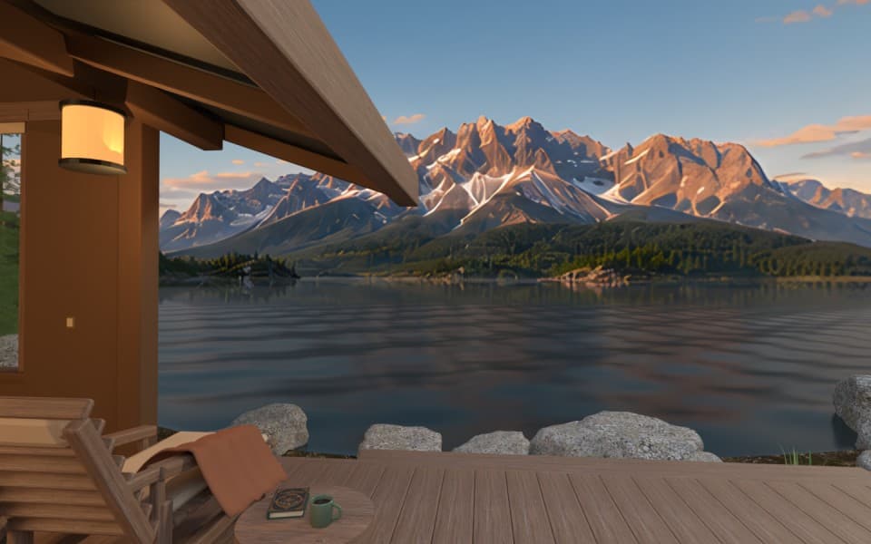 The Lumiverse alpine retreat: a wooden deck, a lake, and snow-capped mountains at golden hour