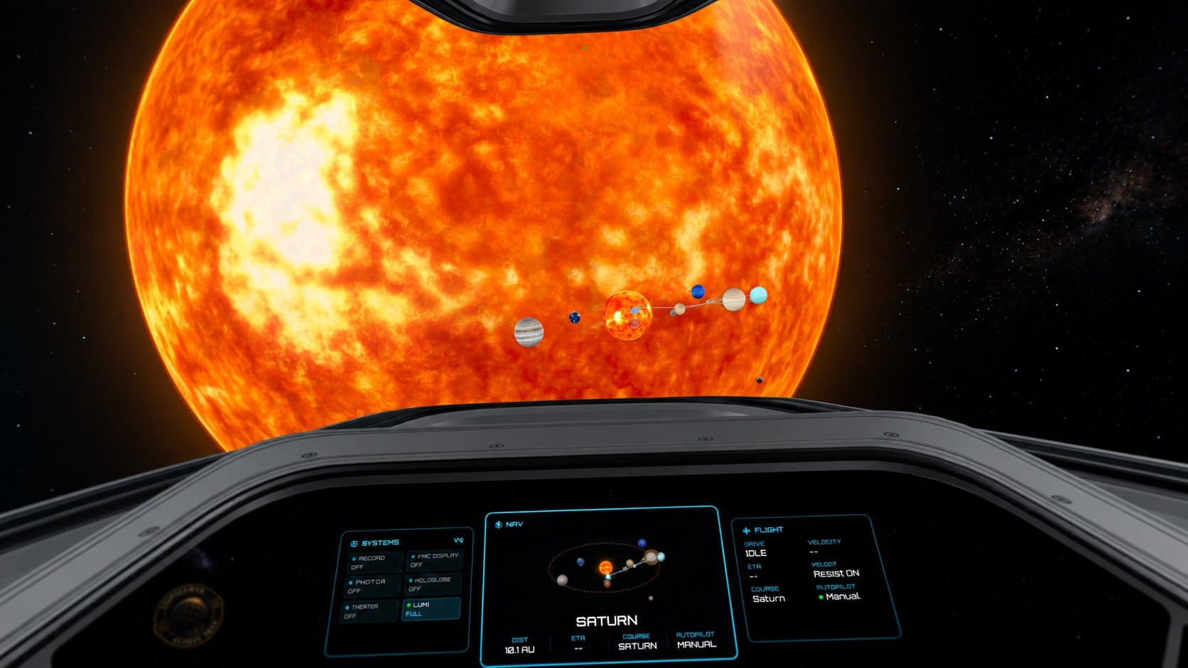 The Lumiverse cockpit facing the sun, with the solar system hologram floating above the instrument panel