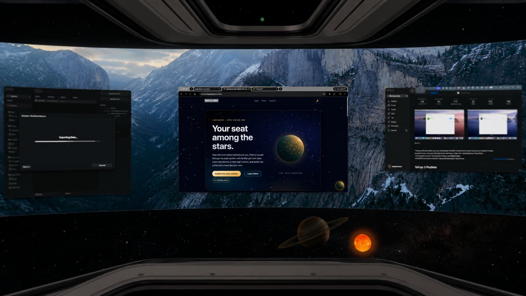A Mac desktop wrapped around the cockpit as a curved Super Wide display, with Saturn and the sun visible below it