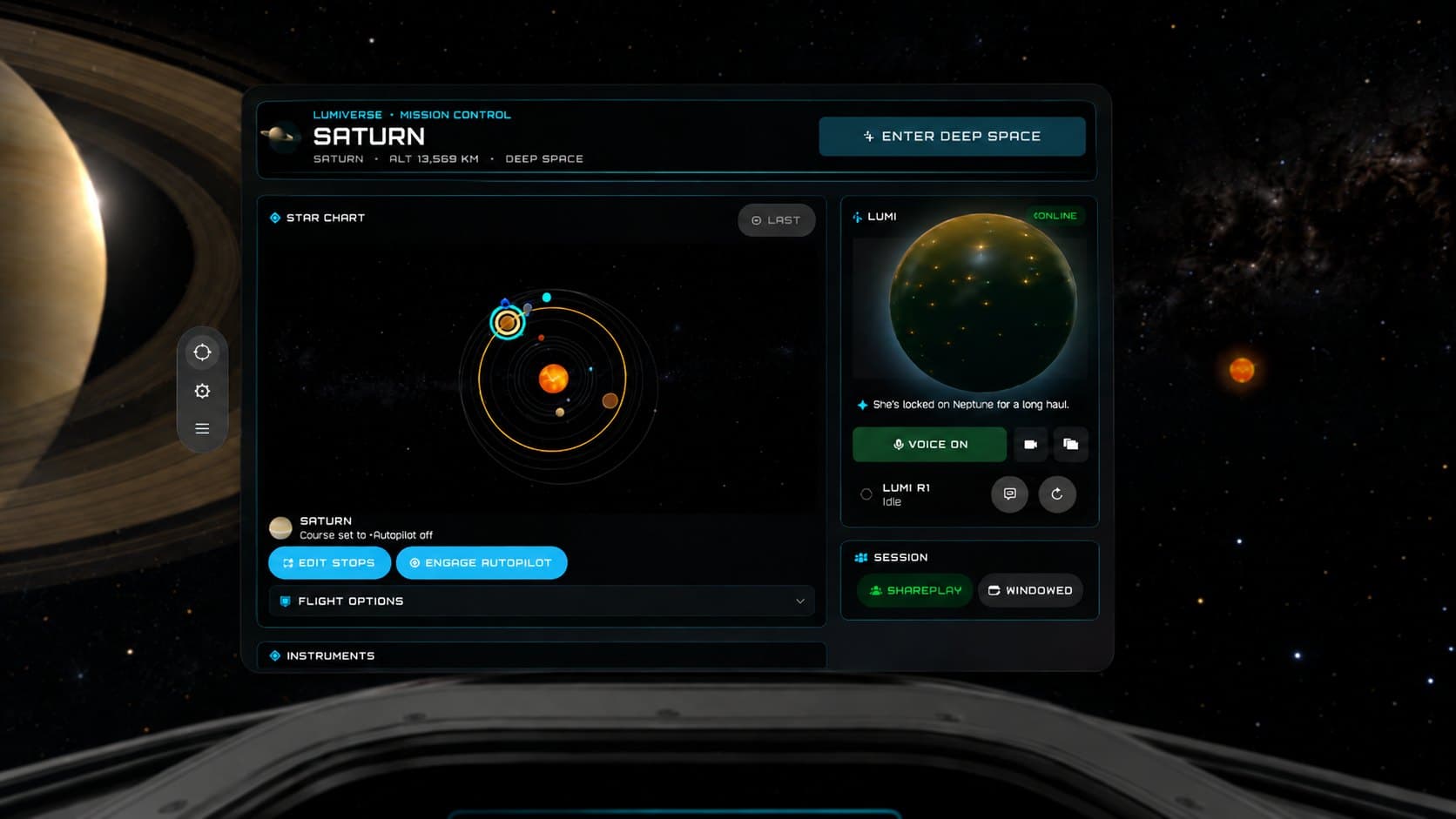 The Lumiverse Mission Control window: star chart with a plotted course to Saturn, Lumi’s status, and session controls, with Saturn outside the window