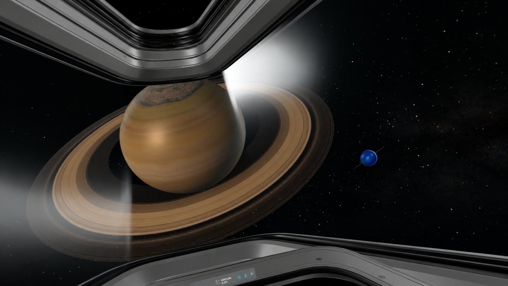 Saturn and its rings filling the cockpit canopy, with Neptune small in the distance