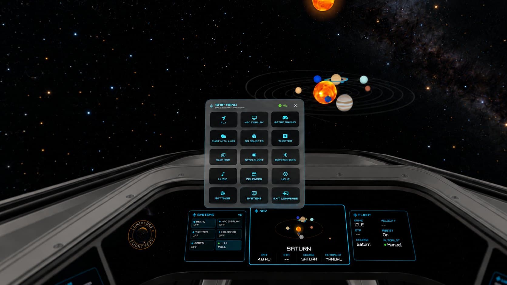 The Lumiverse ship menu floating over the instrument panel, with the solar system hologram beyond it